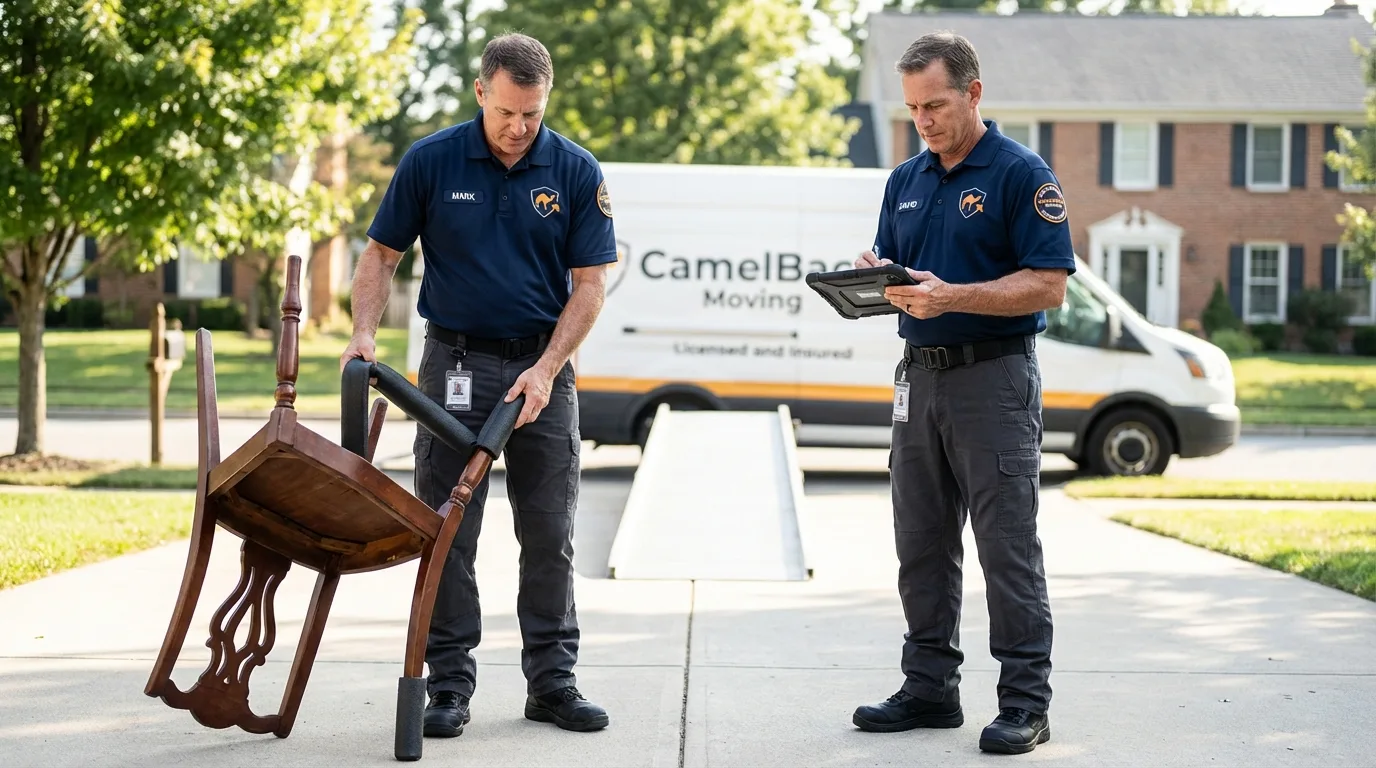 Movers inspecting furniture for damage prevention before loading in Sedona, AZ