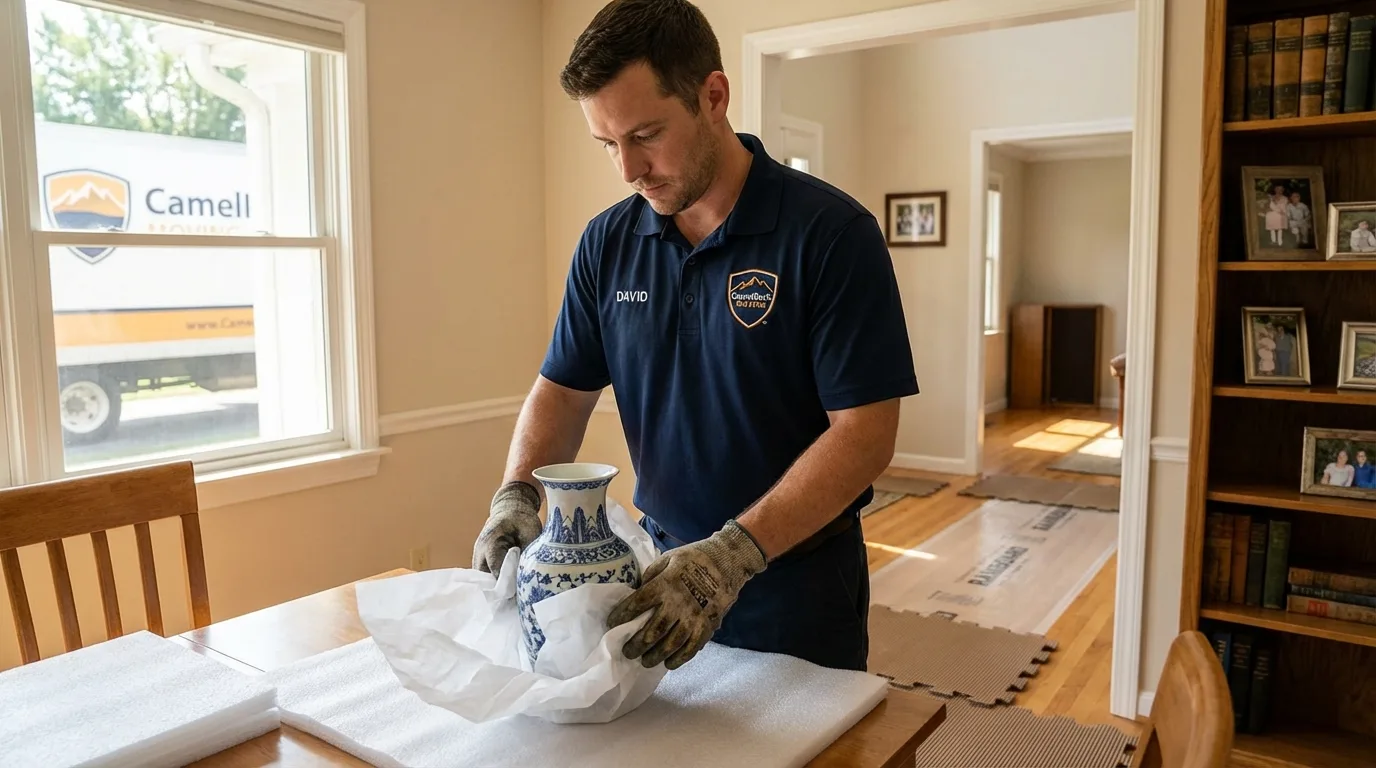 Professional crew carefully wrapping antique vase for senior downsizing move in Sedona, AZ